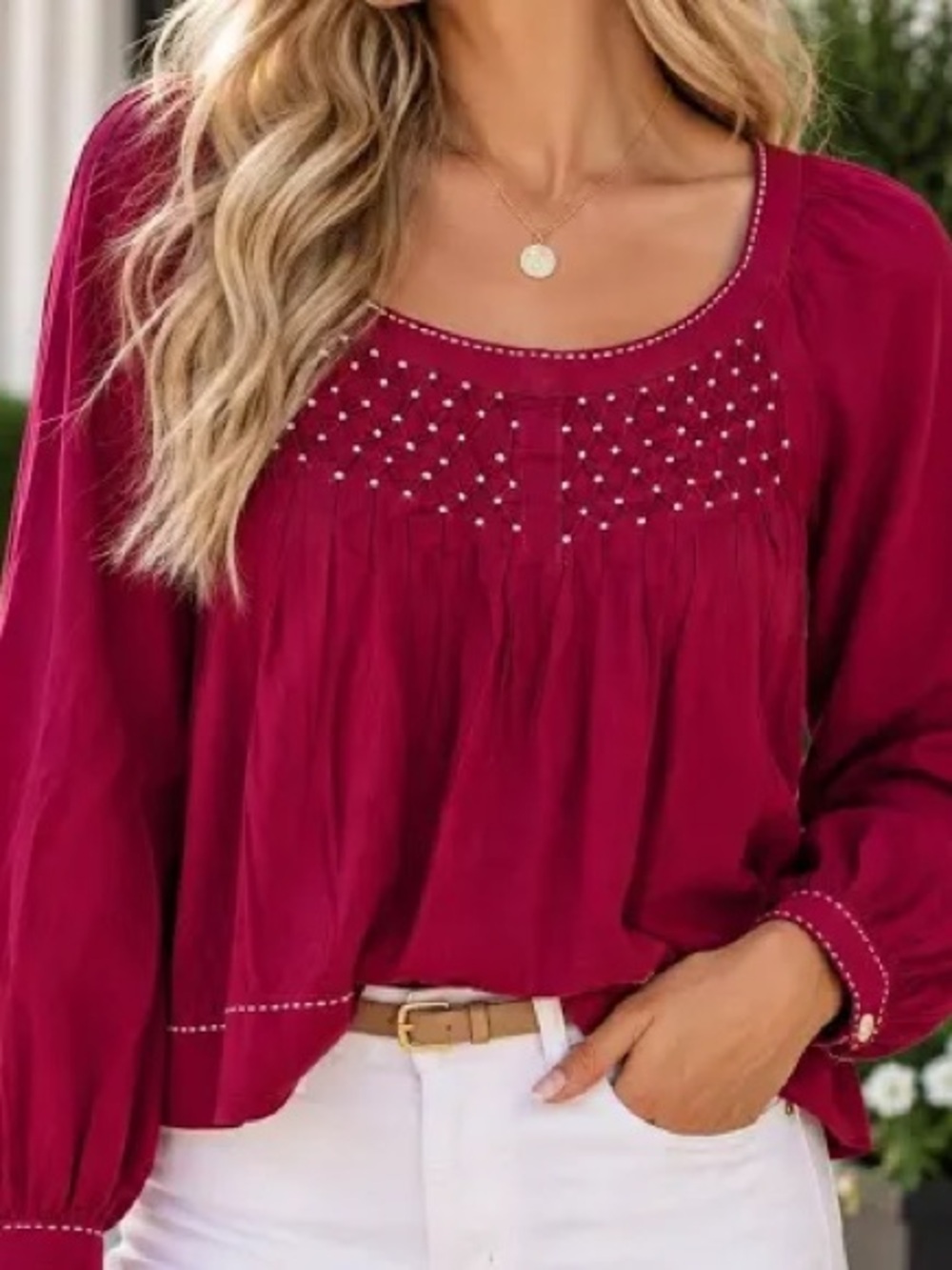 LOFT Embroidered Sweetheart Neck Blouse in Crimson Blush Cotton